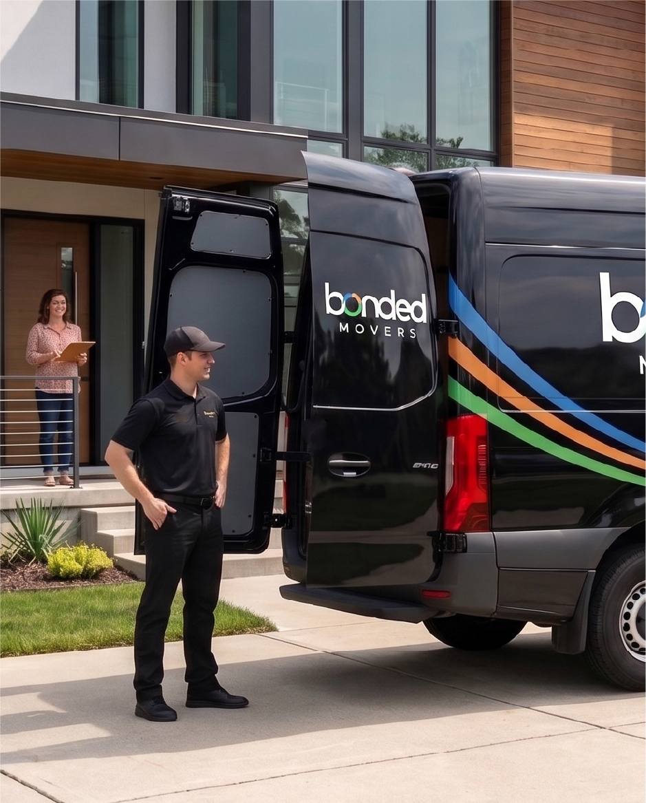 Bonded Movers van at a home